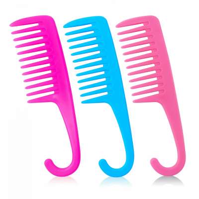 Pink Plastic Flat Detangler Hair Brush Wide Tooth Shower Comb with Hook