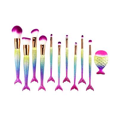 New Design 11pcs Fish Tail Kabuki Pink Golden Ombre Mermaid Makeup Brushes